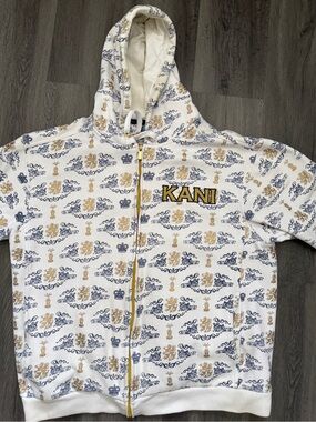 Karl Kani White Hoodie Zip-Up with Blue and Gold Print